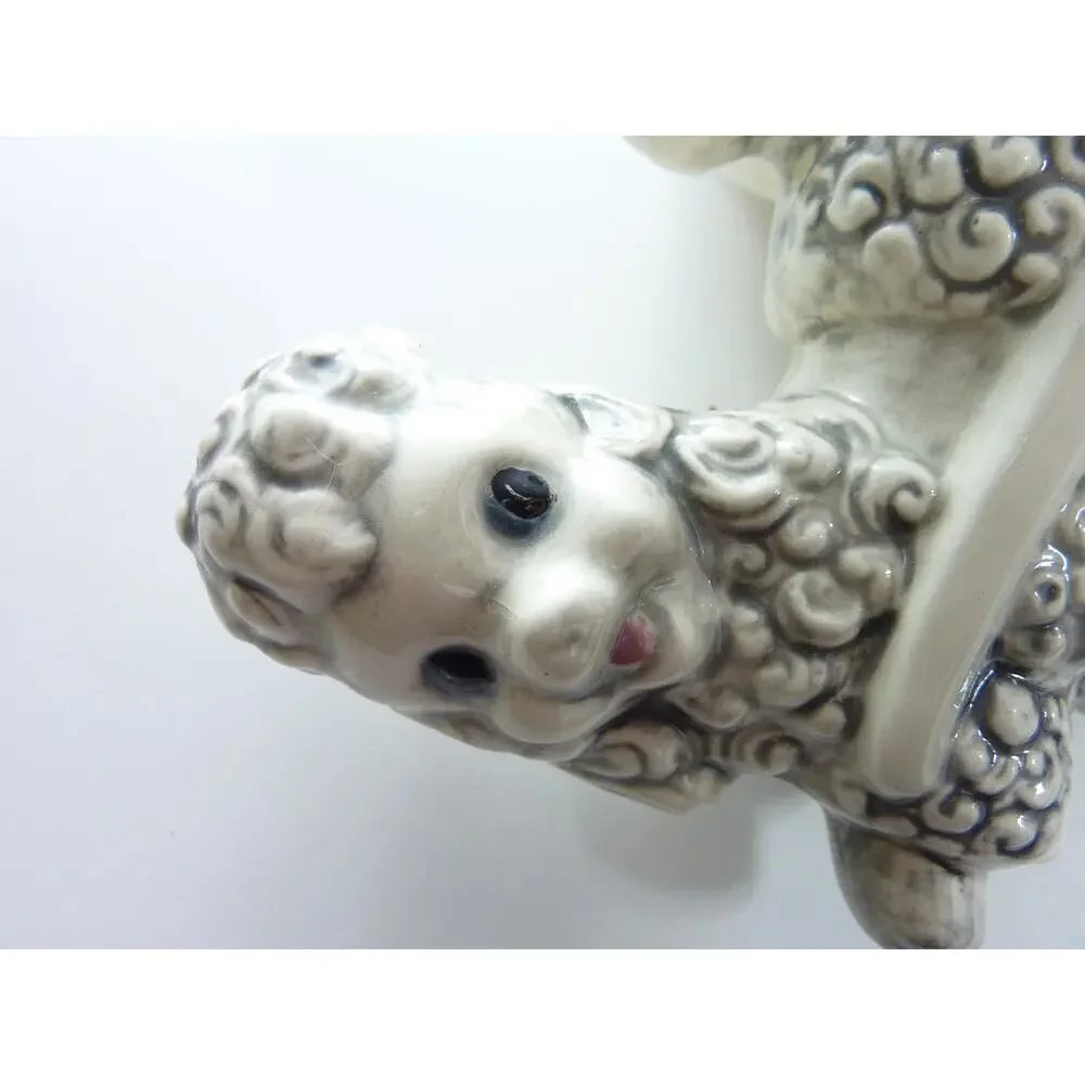 Vintage Ceramic Poodle Shell Cart Planter White Kitsch Dog Figurine Pot 6.5 Inch
